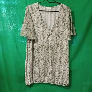 Paprika Womens Green White Tropical Leaf Print V-Neck Flutter Sleeve Blouse S